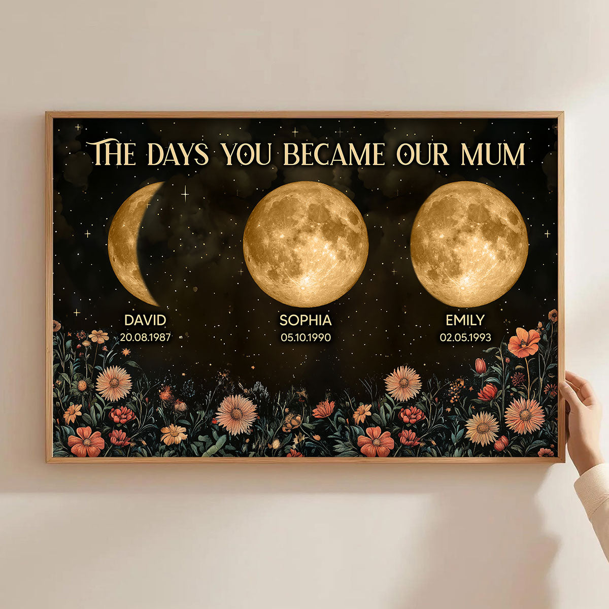 Vintage Flowers The Day You Become Mum Mom Grandma Custom Title And Nickname And Birth Moon Phase - Personalised Poster - Mother's Day Gift For Mum, Grandma