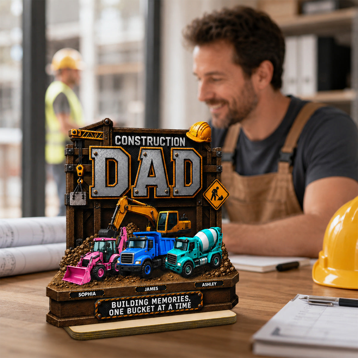 Construction Dad with Kids Names 2D Flat - Personalized Wooden Plaque