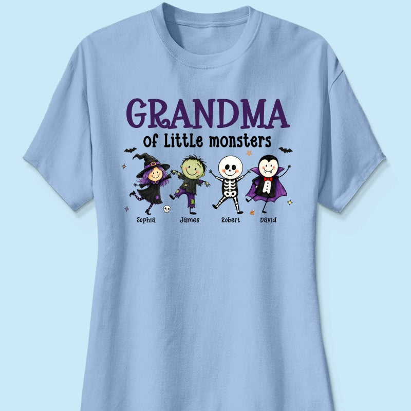Grandma Mom Of Little Monsters Cute Doodle Characters - Personalized Shirt - Halloween Costume For Mom Grandma