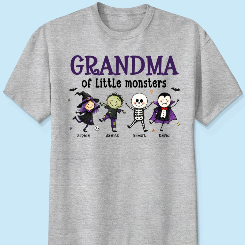 Grandma Mom Of Little Monsters Cute Doodle Characters - Personalized Shirt - Halloween Costume For Mom Grandma