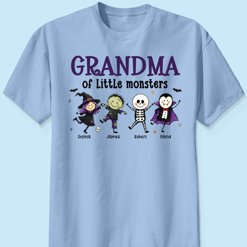 Grandma Mom Of Little Monsters Cute Doodle Characters - Personalized Shirt - Halloween Costume For Mom Grandma
