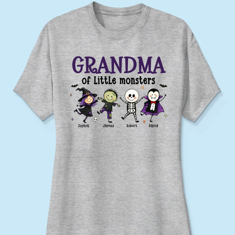 Grandma Mom Of Little Monsters Cute Doodle Characters - Personalized Shirt - Halloween Costume For Mom Grandma