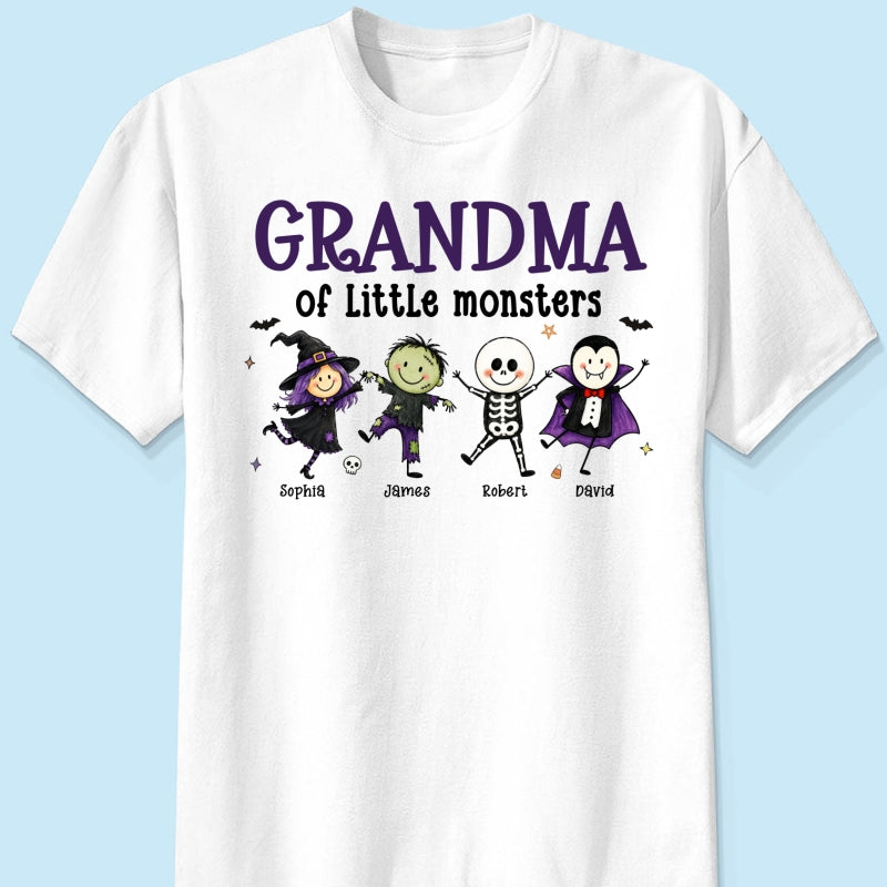 Grandma Mom Of Little Monsters Cute Doodle Characters - Personalized Shirt - Halloween Costume For Mom Grandma