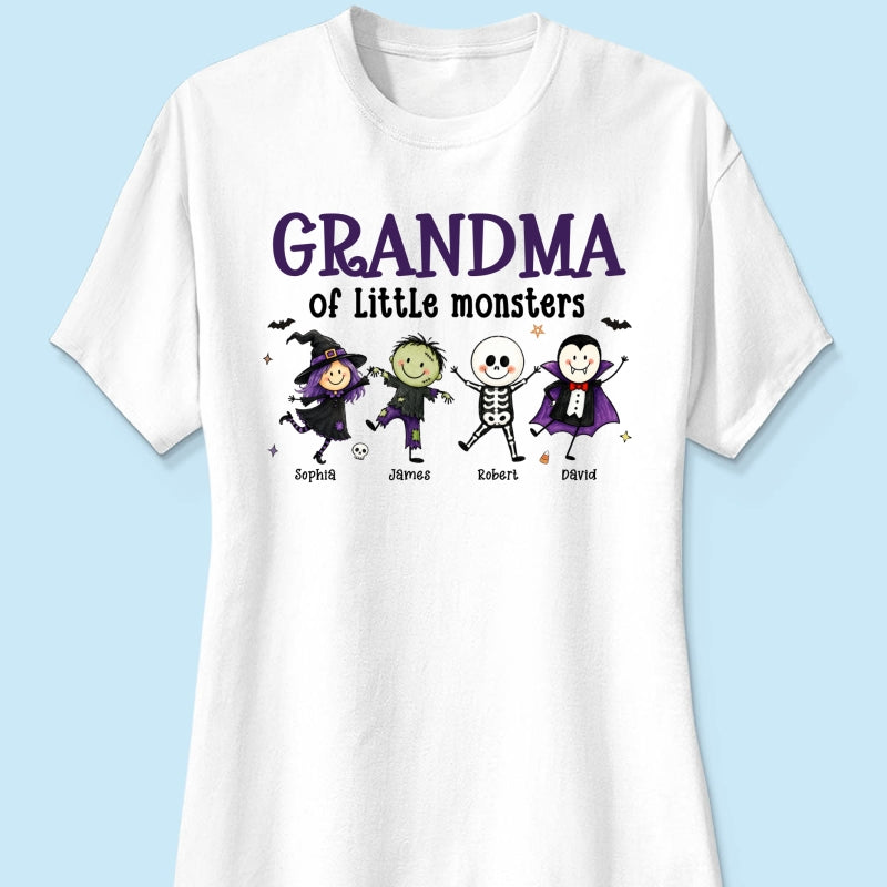 Grandma Mom Of Little Monsters Cute Doodle Characters - Personalized Shirt - Halloween Costume For Mom Grandma