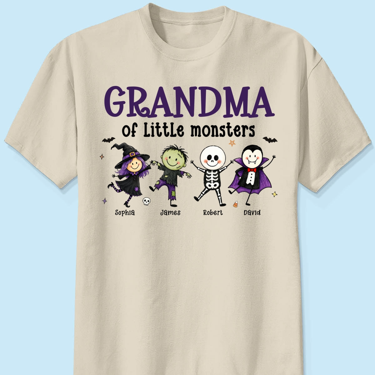 Grandma Mom Of Little Monsters Cute Doodle Characters - Personalized Shirt - Halloween Costume For Mom Grandma