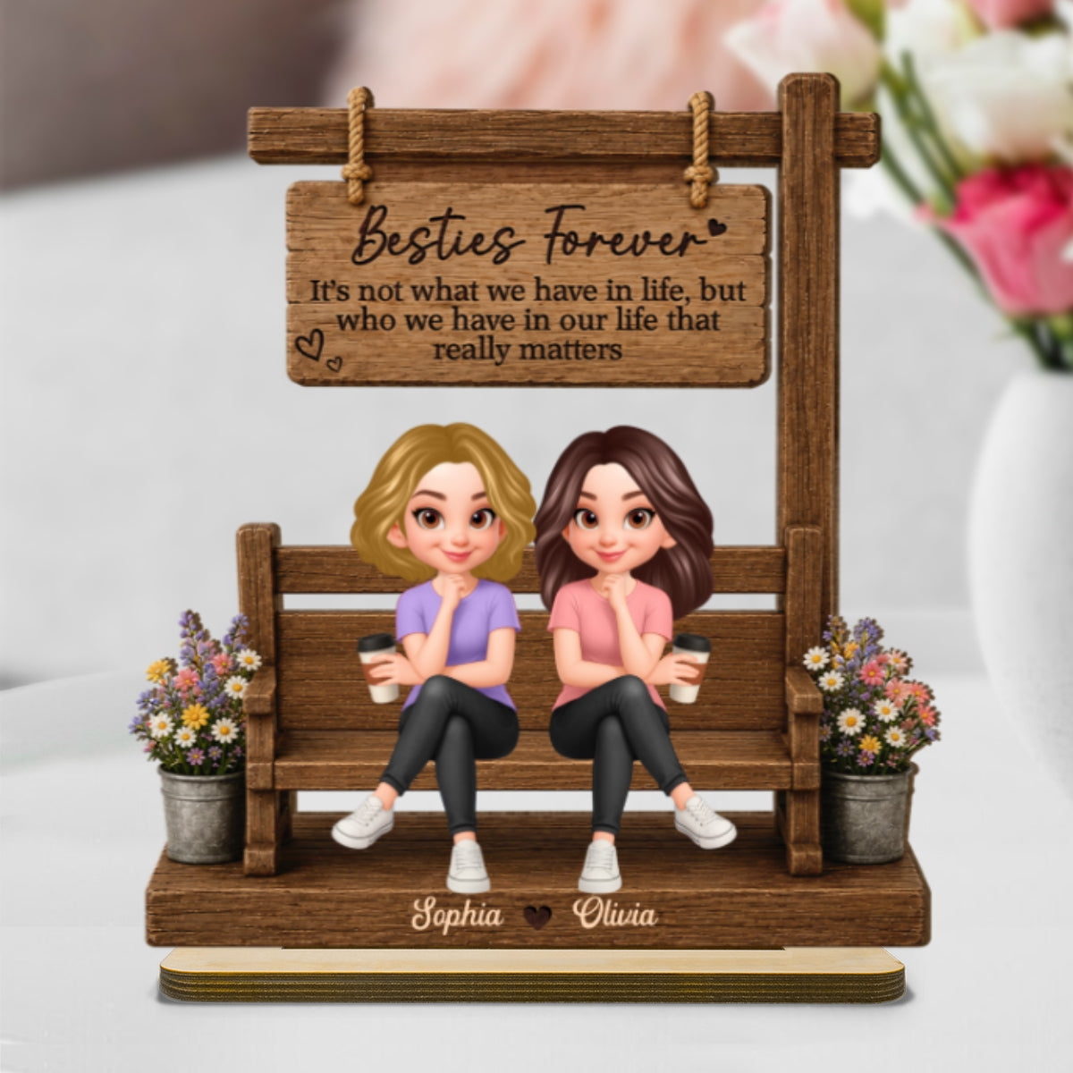 Besties Sitting Under Sign Post 2D Flat - Personalized Wooden Plaque - Friendship Keepsake