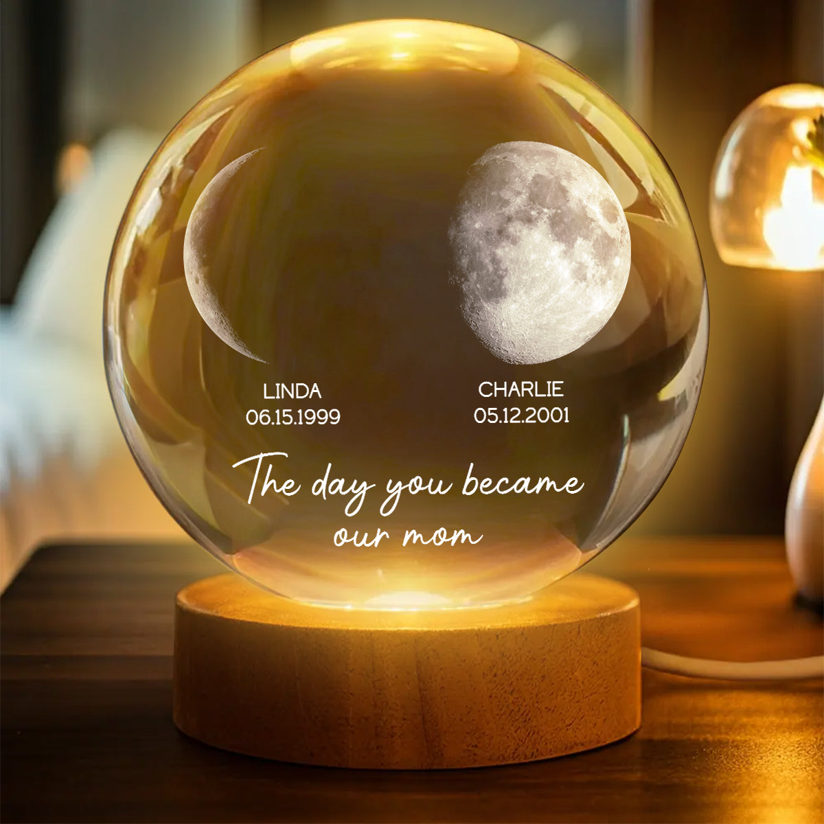 The Day You Became My Mom - Personalized Crystal Ball LED Night Light - Heartfelt Gift for Mom, Dad