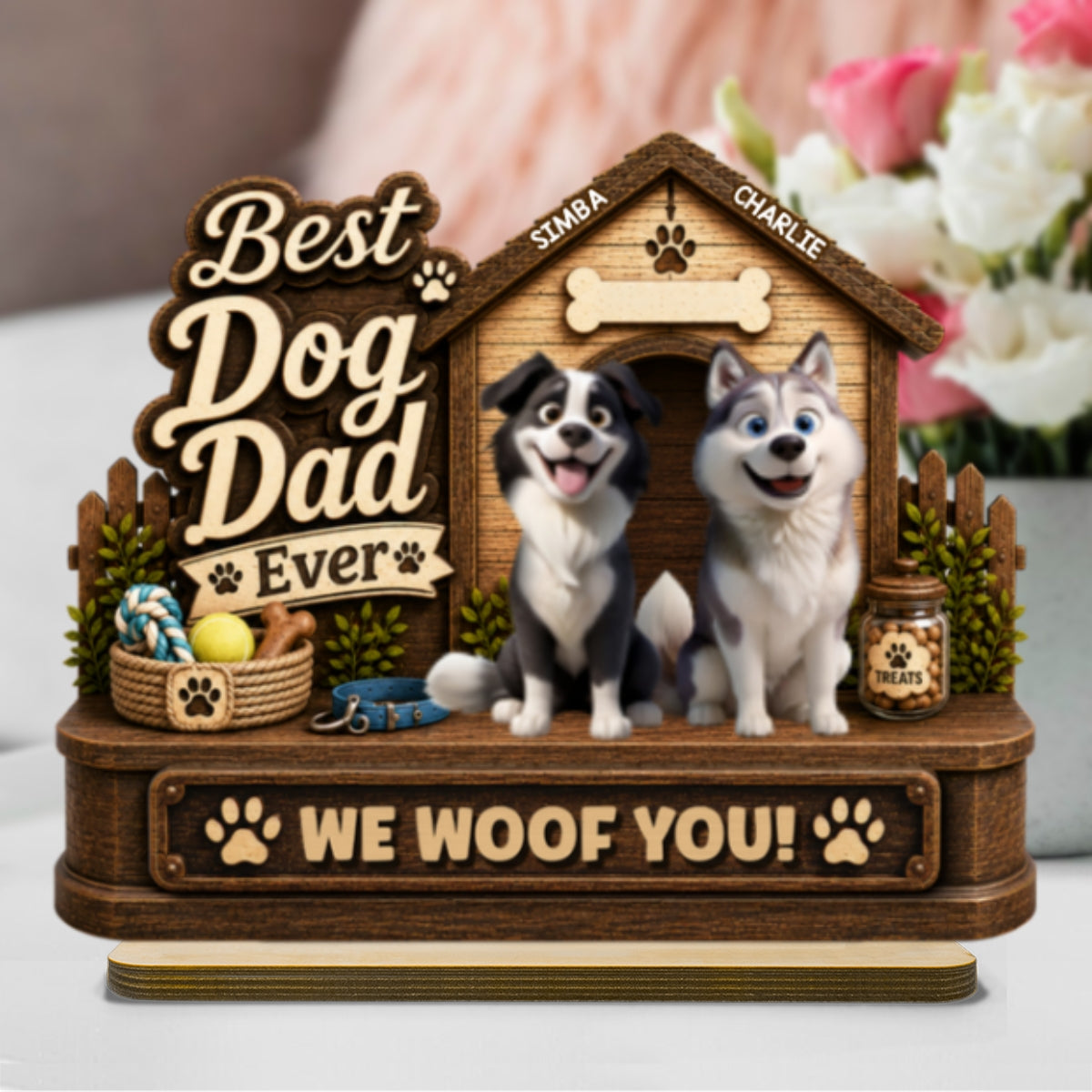 Best Dog Dad Ever Cute Dogs 2D Flat - Personalized 2-Layered Wooden Plaque -  Gift For Dog Dad