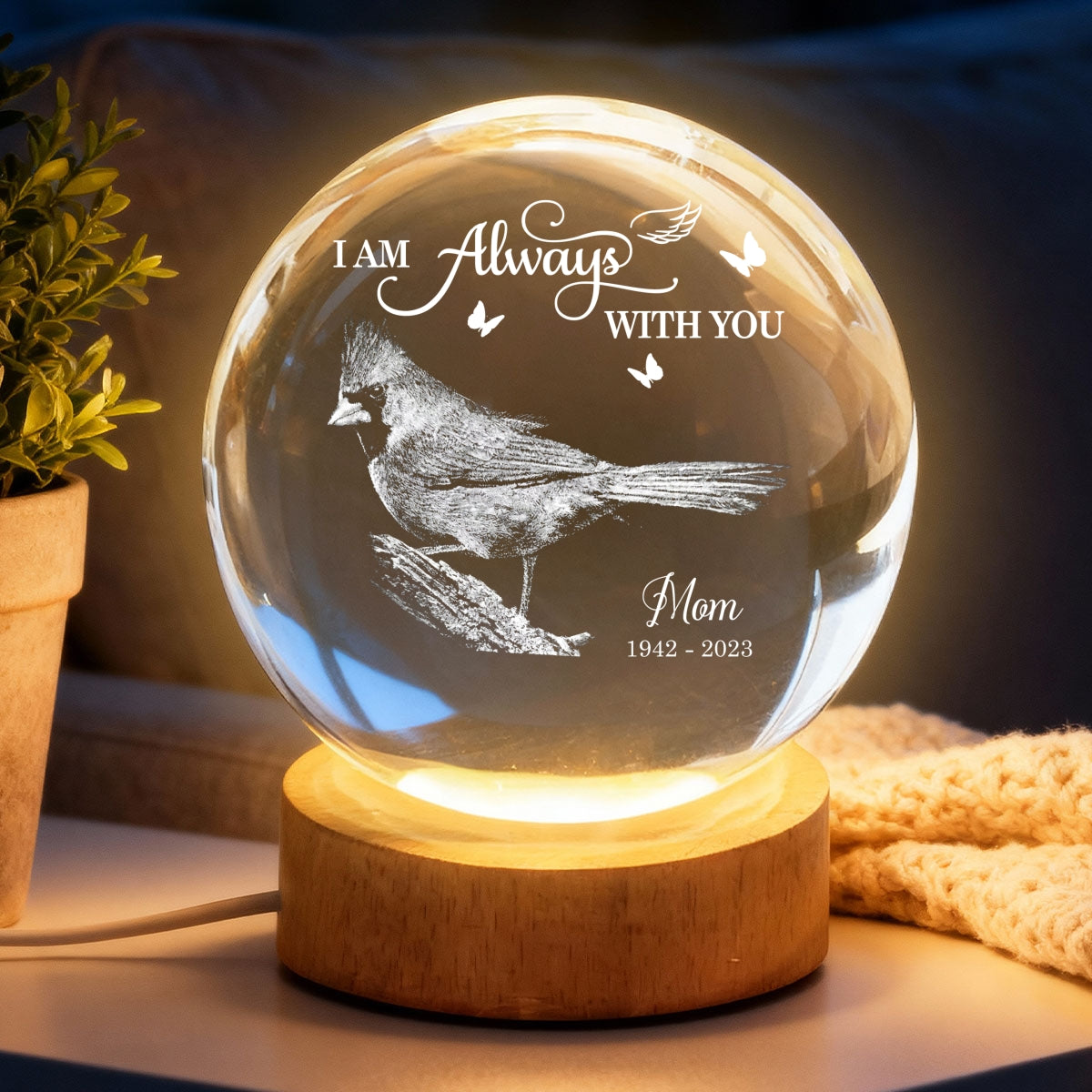 Always With You Cardinal - Personalized Crystal Ball LED Night Light - Memorial Remembrance Keepsake
