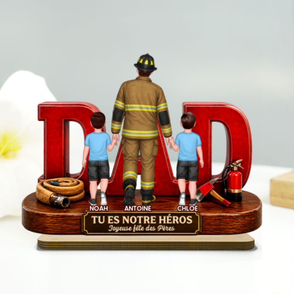 Papa pompier fier - Plaque en bois personnalisée à 2 couches - Cadeau de fête des Pères pour papa, mari