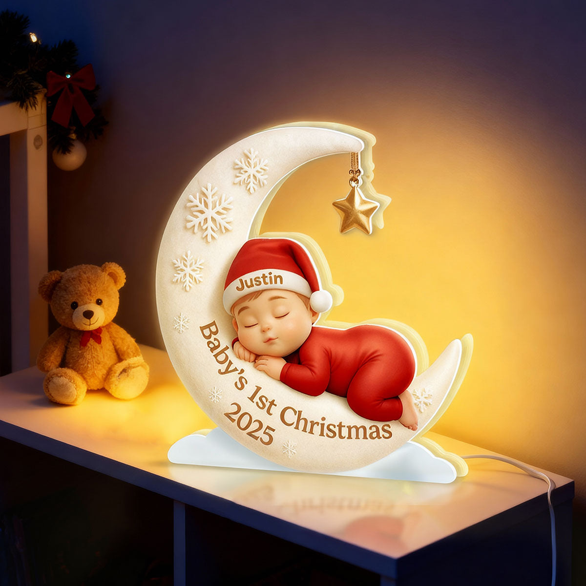 Baby Sleeping on Moon Nursery Lamp - Personalized Light Box - Baby's First Christmas Keepsake, Gift for Grandkids, Baby, Newborn