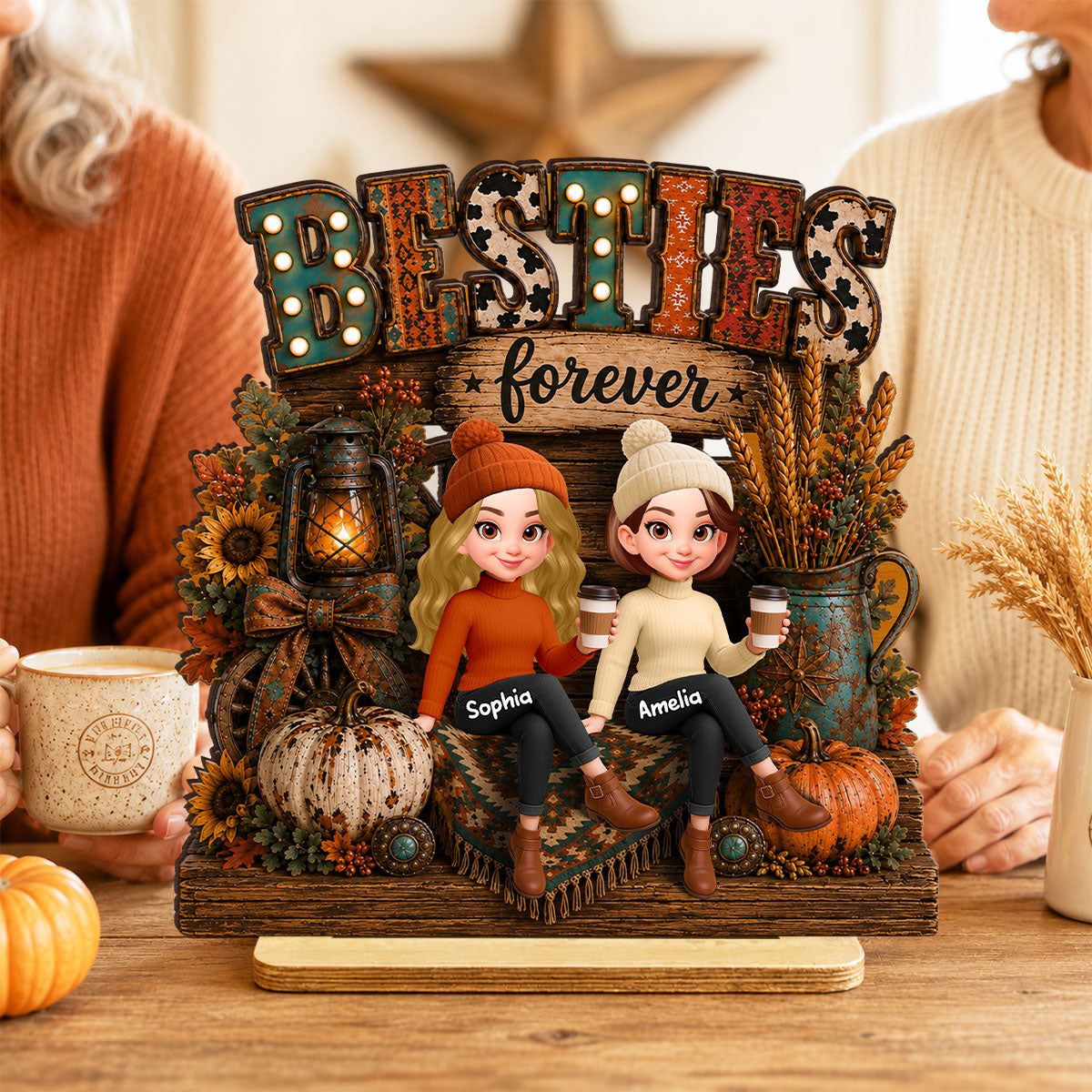 Western Fall Vibe Besties Forever - Personalized 2-Layered Wooden Plaque - Cozy Fall Decor for Best Friends