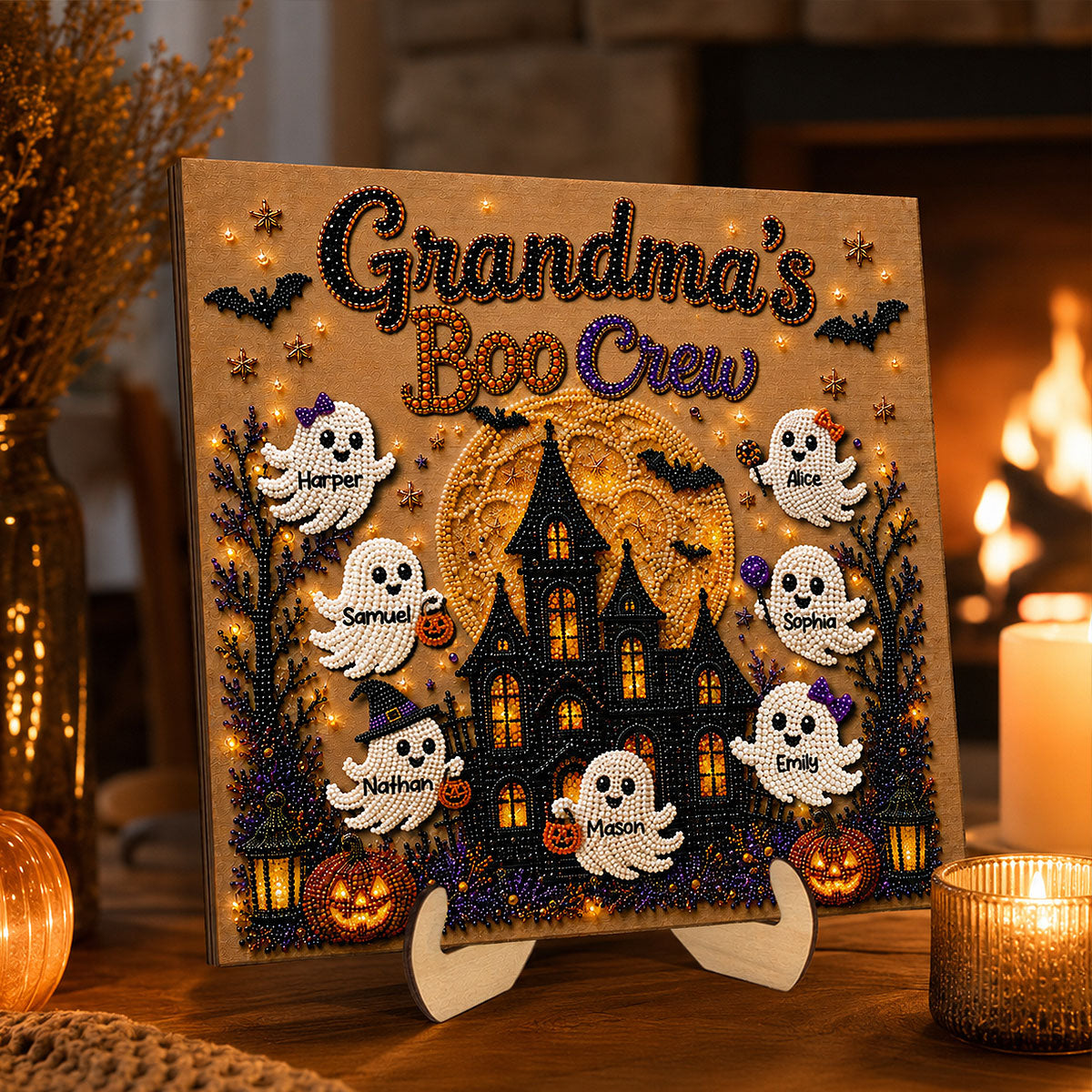 Grandma’s Boo Crew Haunted House Faux Diamond Art – Personalized Wooden Plaque – Halloween Decor Gift For Grandma