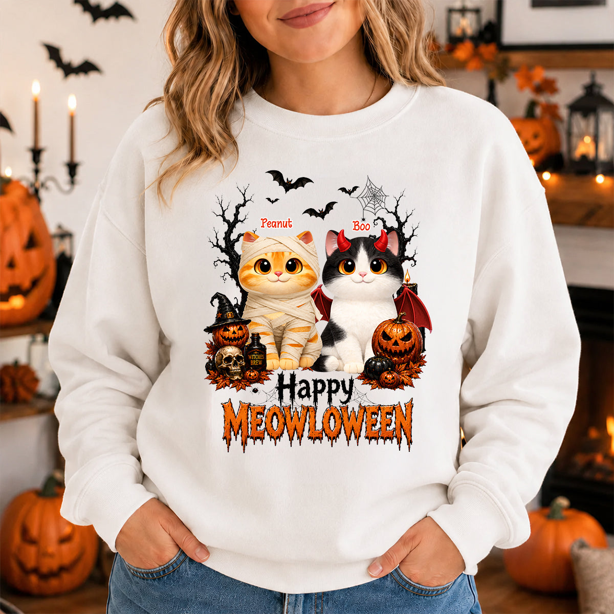 Happy Meowloween - Personalized Shirt - Trendy Halloween Tee for Cat Moms, Cat Lovers