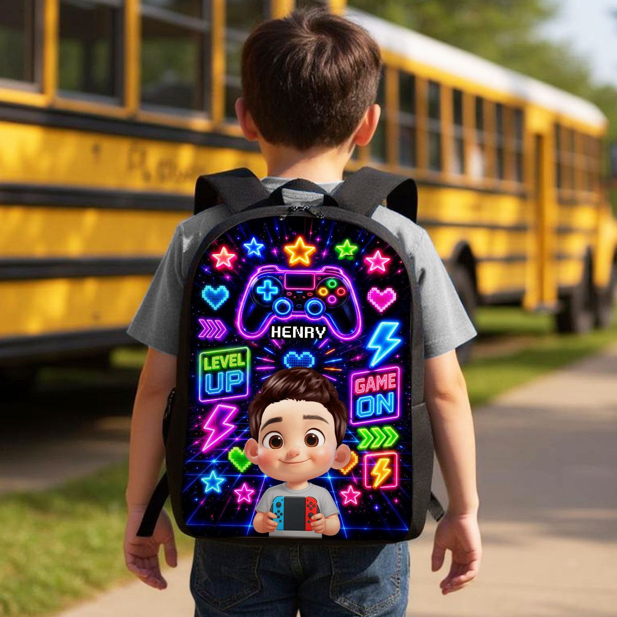 Neon Gamer Design for Boys Girls - Personalized Backpack - Back to School Backpack for Kids, Boys, Girls