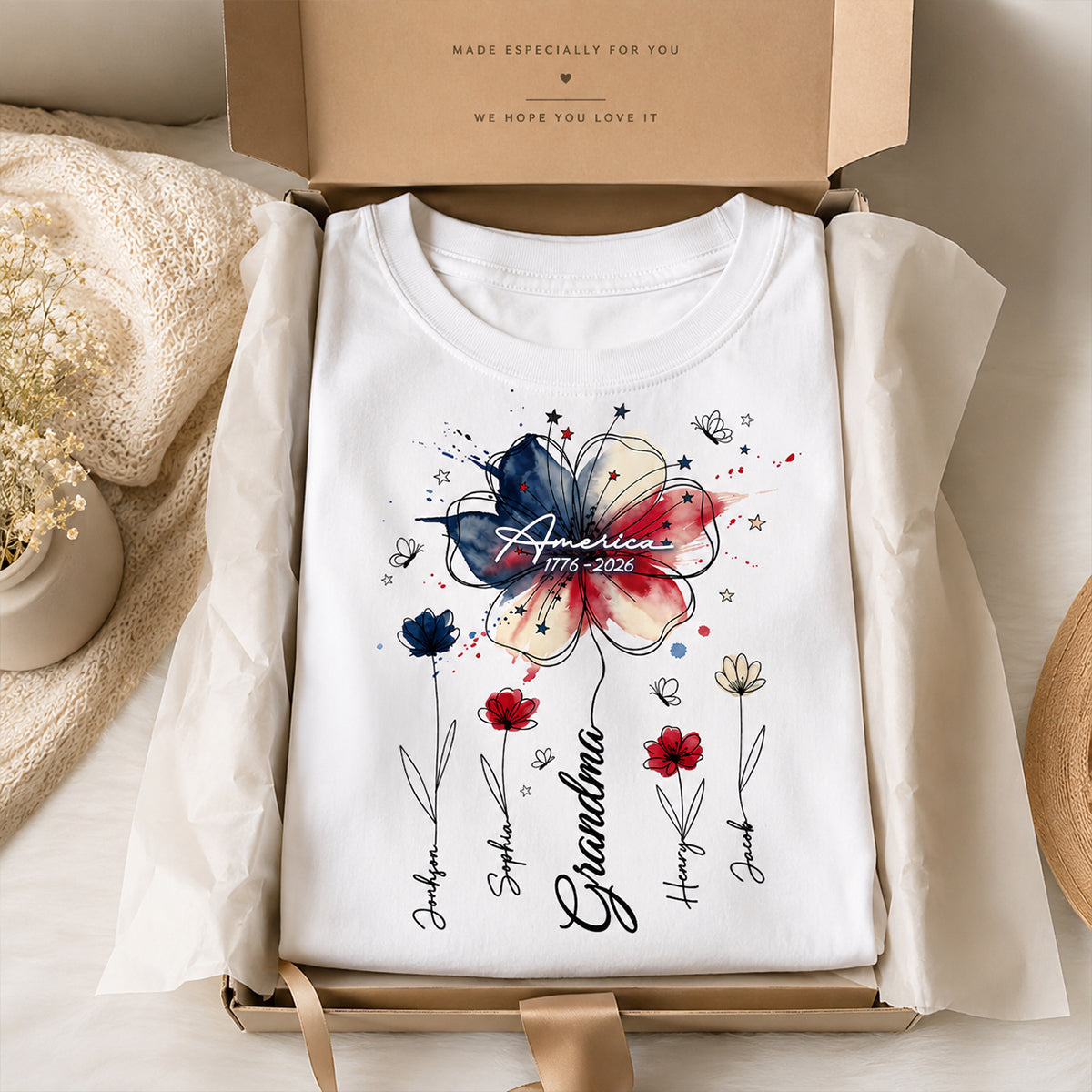 USA 250th Anniversary Floral Grandma - Personalized Shirt - Patriotic Gift for Grandma, Mom