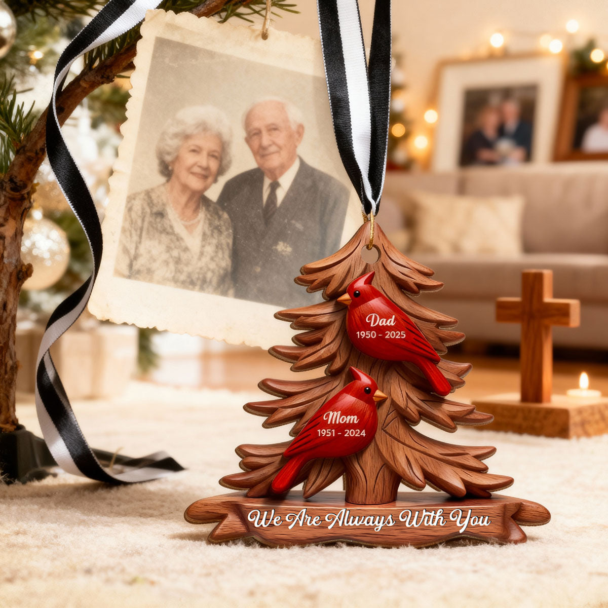 3D Effect Flat Christmas Cardinals Memorial - Personalized Ornament - Remembrance Gift, Sympathy Gift