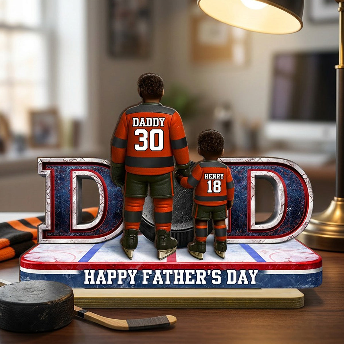 Hockey Dad And Kids Together - Personalized 2-Layered Wooden Plaque - Heartfelt Gift For Hockey Dad, Gift For Husband