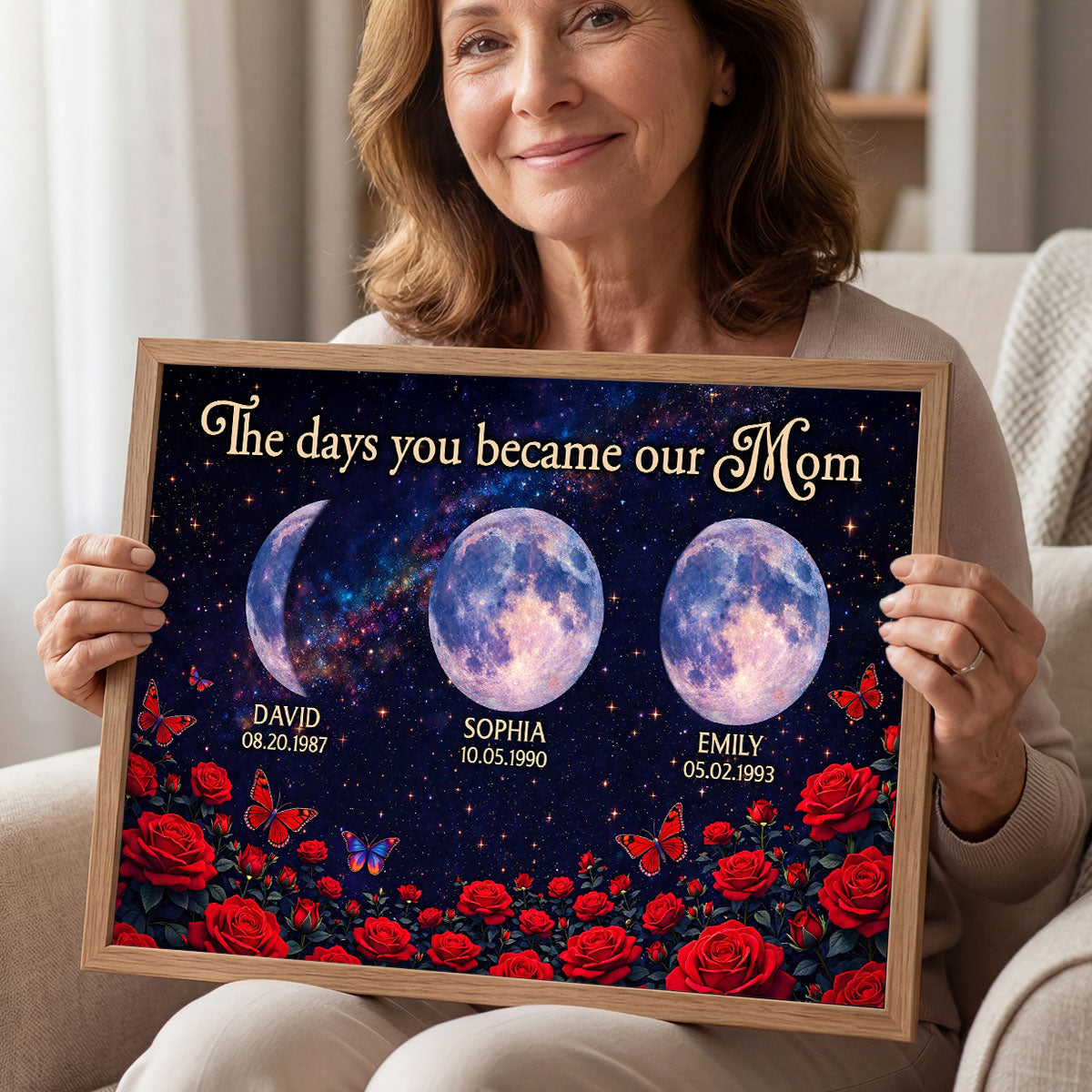 Roses The Day You Became Mom Grandma Custom Birth Moon Phase - Personalized Poster - Mother's Day Gift For Mom, Grandma