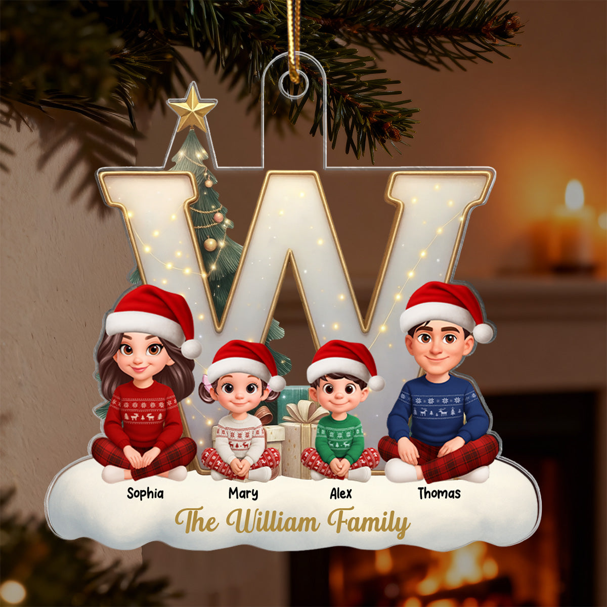 3D Effect Christmas Family Name Initial Beautiful Family Together - Personalized Acrylic Ornament - Gift For Family