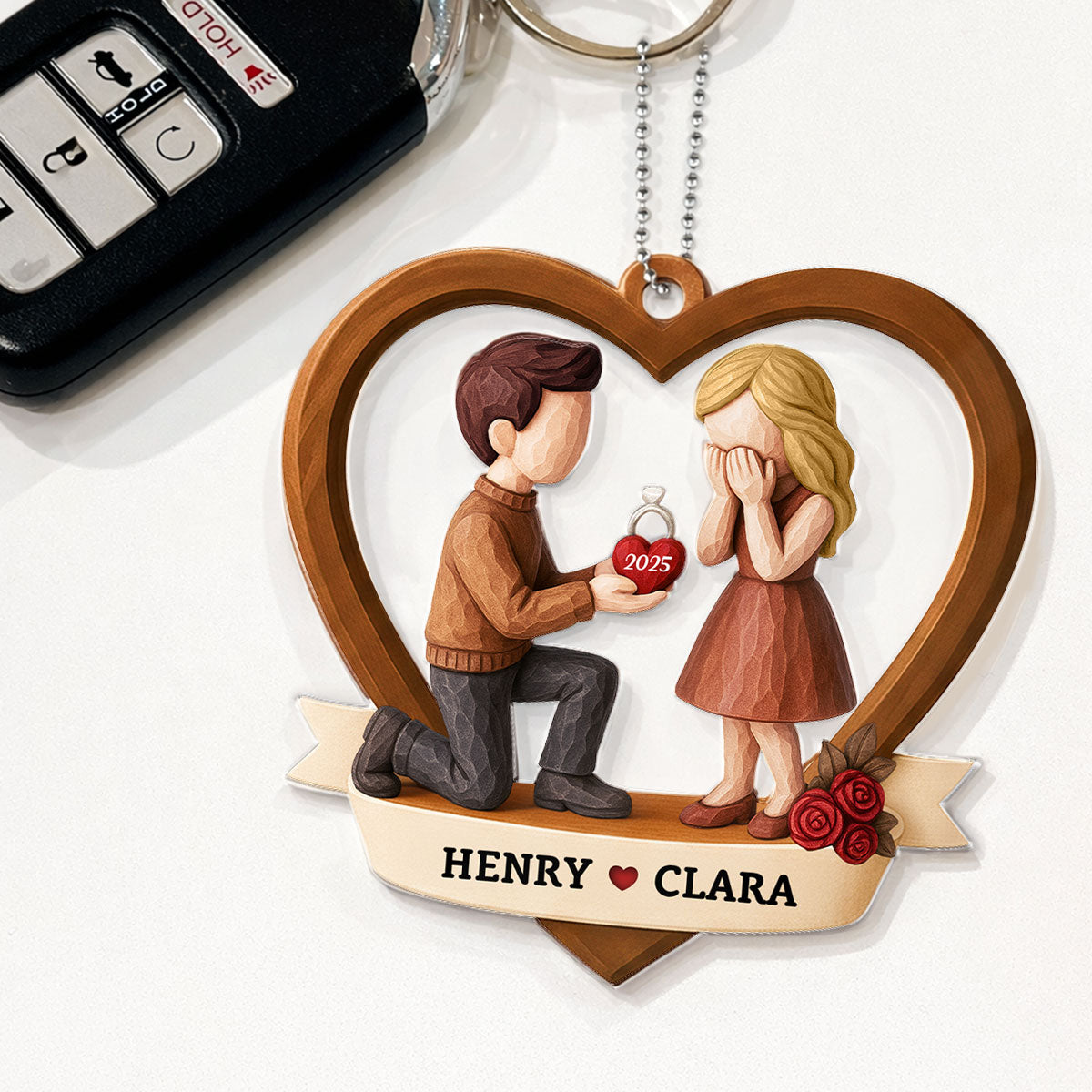 Couple Marriage Proposal 3D Wooden Effect - Personalized Acrylic Car Hanger - Newly Engaged Gift, "She Said Yes!"