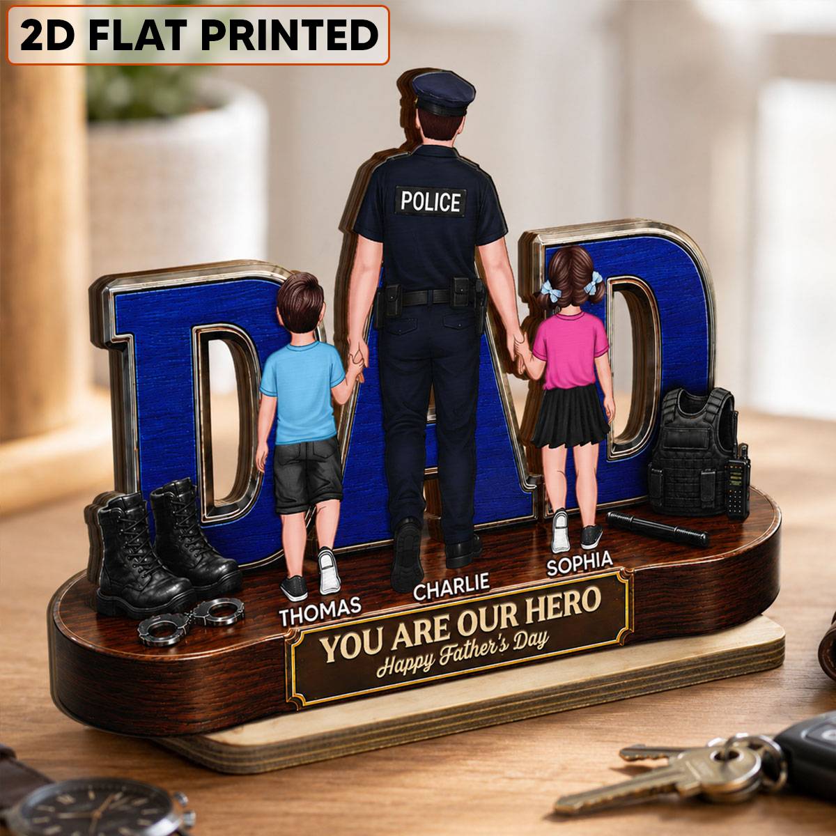Proud American Police Dad You Are Our Hero - Personalized 2-Layered Wooden Plaque -  Gift For Dad