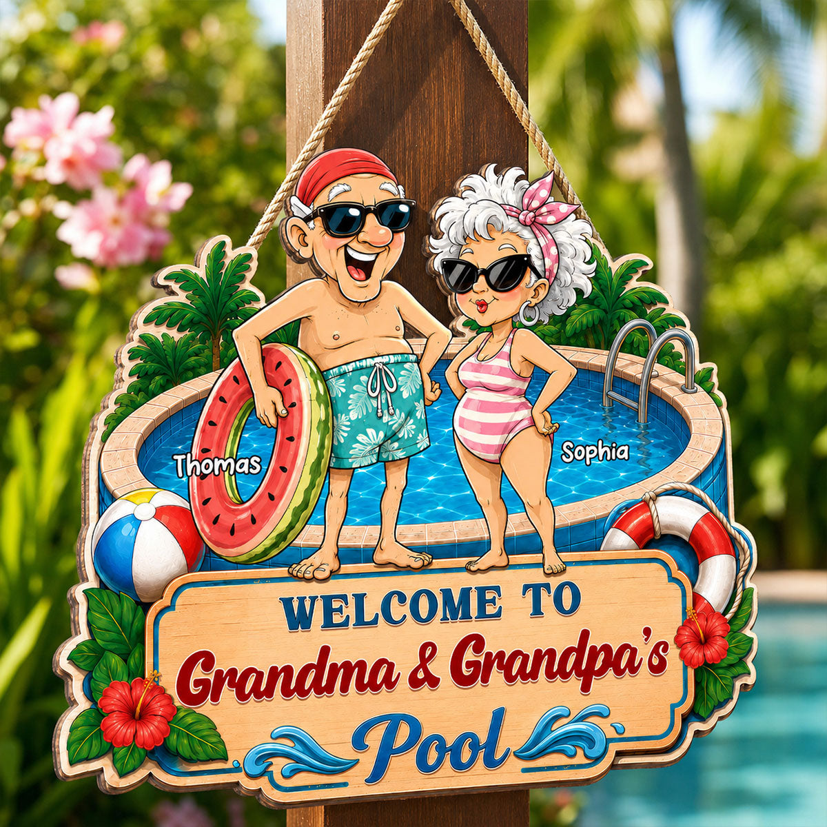Welcome To Grandma & Grandpa's Pool 2D Flat - Personalized Pool Wooden Sign - Poolside Decor For Grandparents