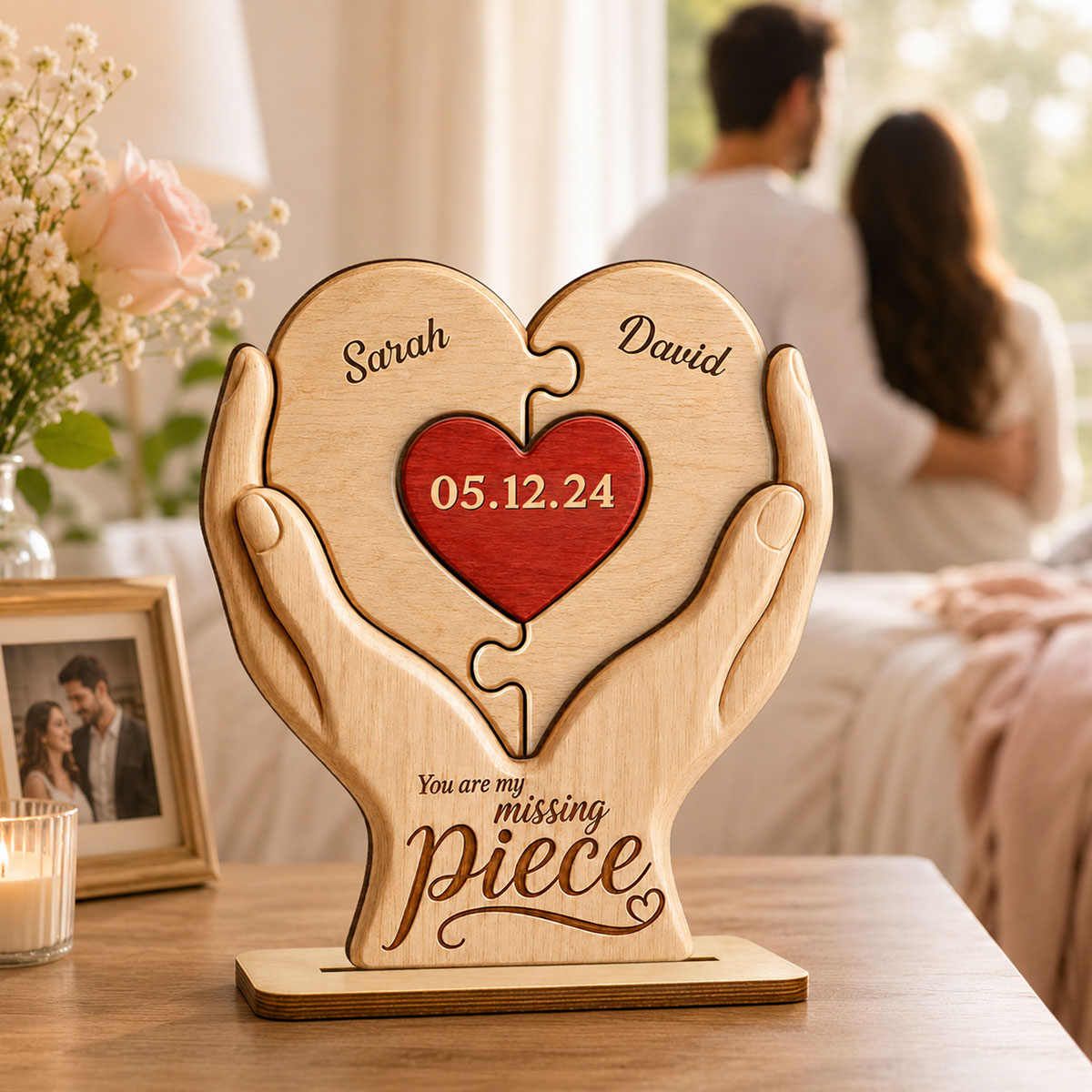 You Are My Missing Piece Couple Anniversary Date - Personalized 2-Layered Wooden Plaque - Heartfelt Gift for Her, for Him