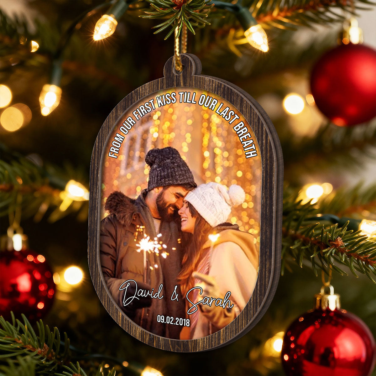 Couple Upload Photo Christmas - Personalized 2-Layered Wooden Ornament