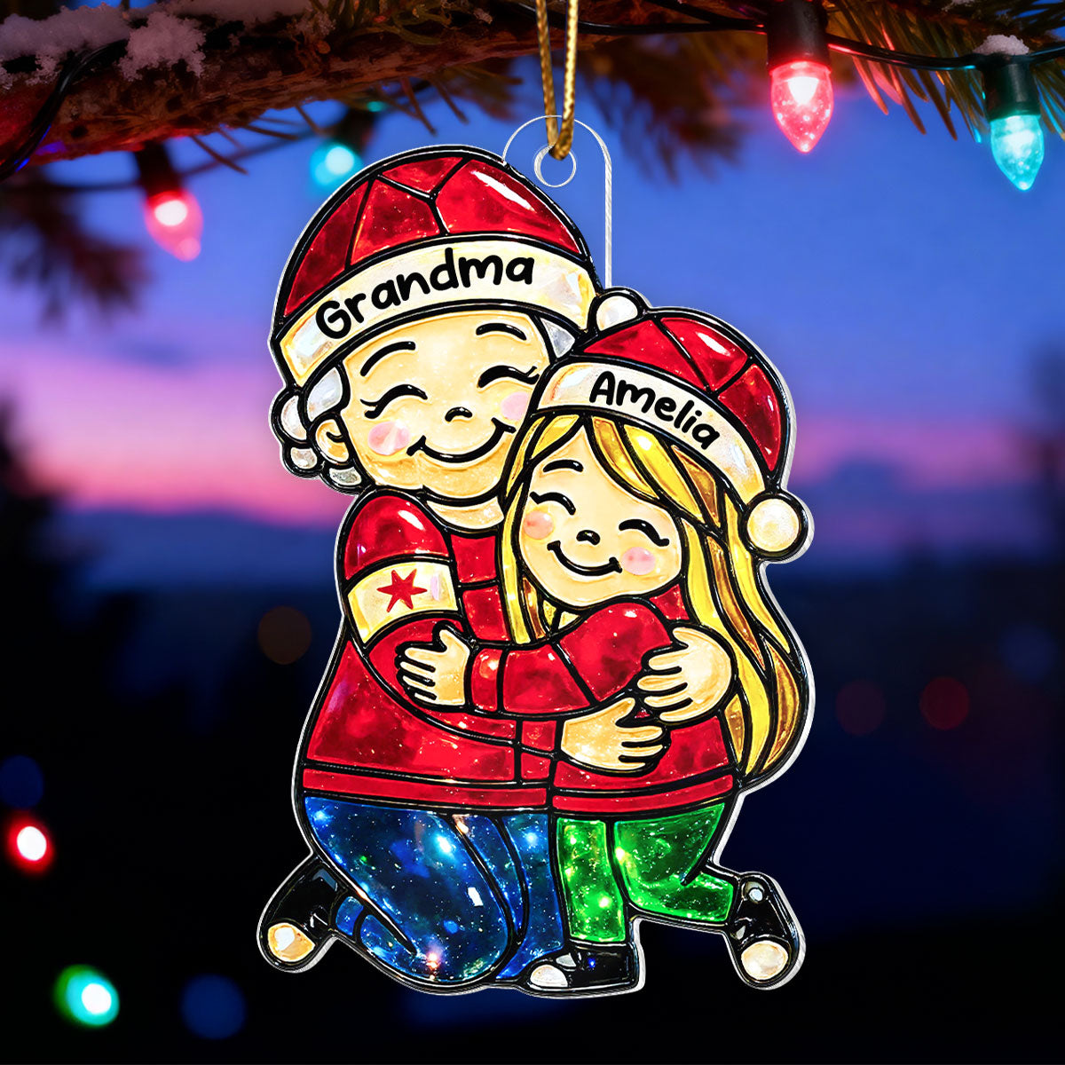 Grandma Hugging Grandkids Stained Glass Pattern - Personalized Acrylic Ornament - Heartwarming Christmas Gift For Grandma, Granddaughter, Grandson