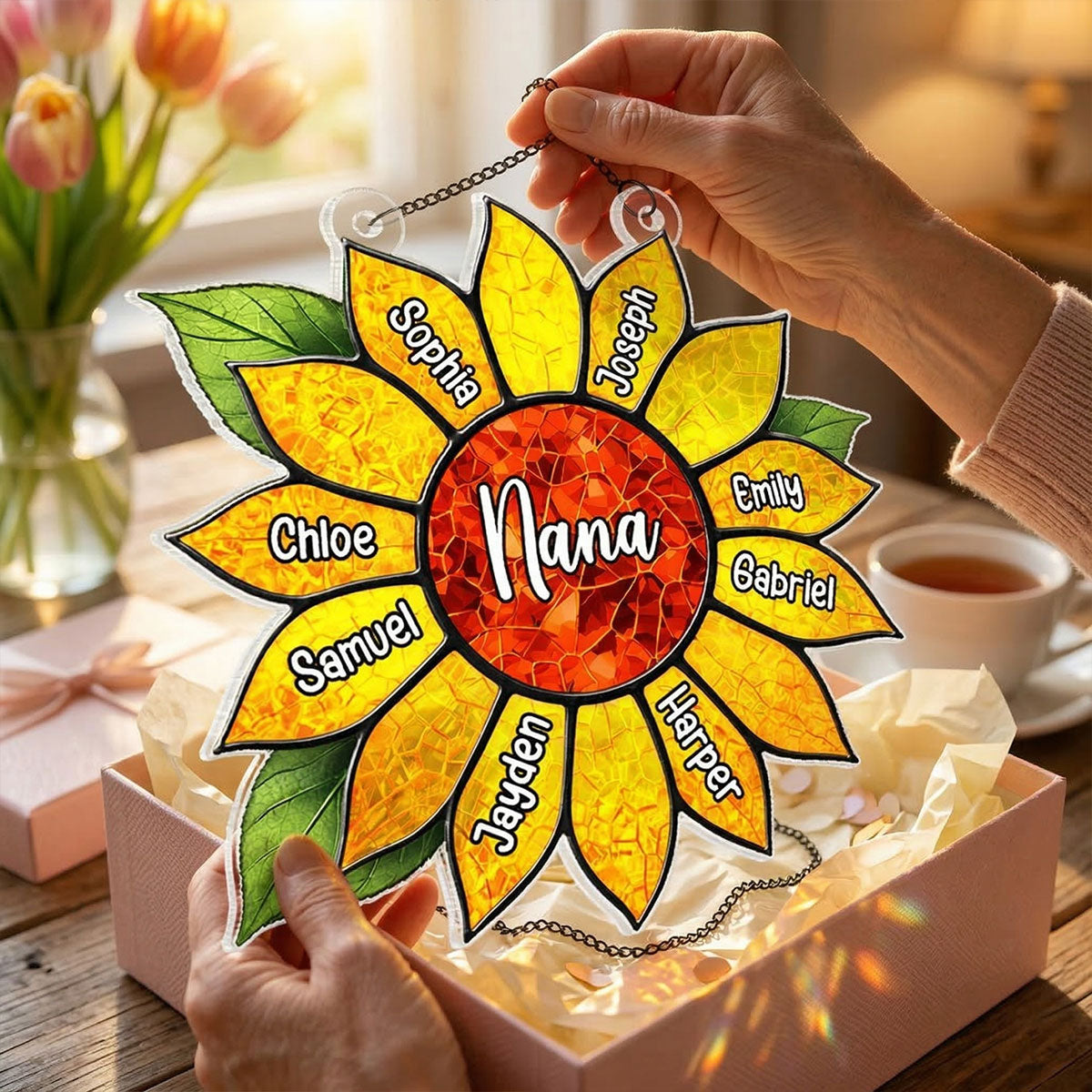 Grandkids Name In Sunflower Daisy - Personalized Suncatcher - Mother's Day Home Decor Gift For Grandma