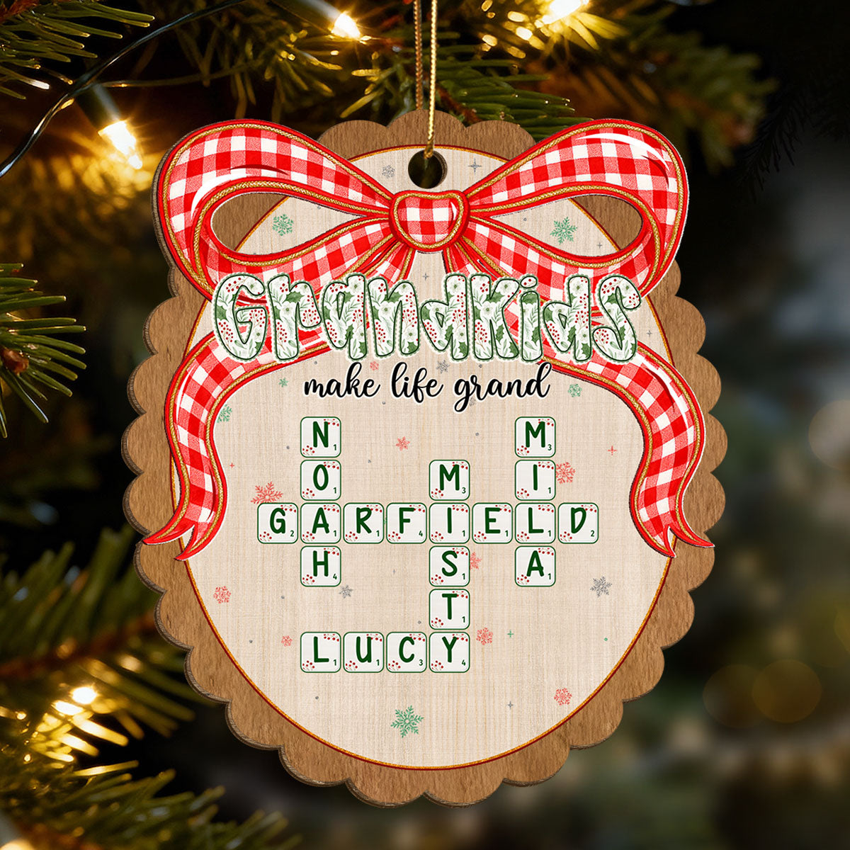 Grandkids Make Life Grand Coquette Floral Christmas Pattern Crossword Puzzle Art - Personalized Wooden Ornament