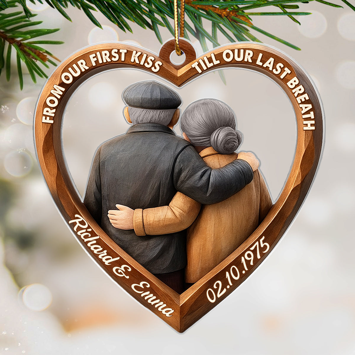 3D Effect Wooden From Our First Kiss Till Our Last Breath Couple - Personalized Acrylic Ornament - Christmas Gift for Couples