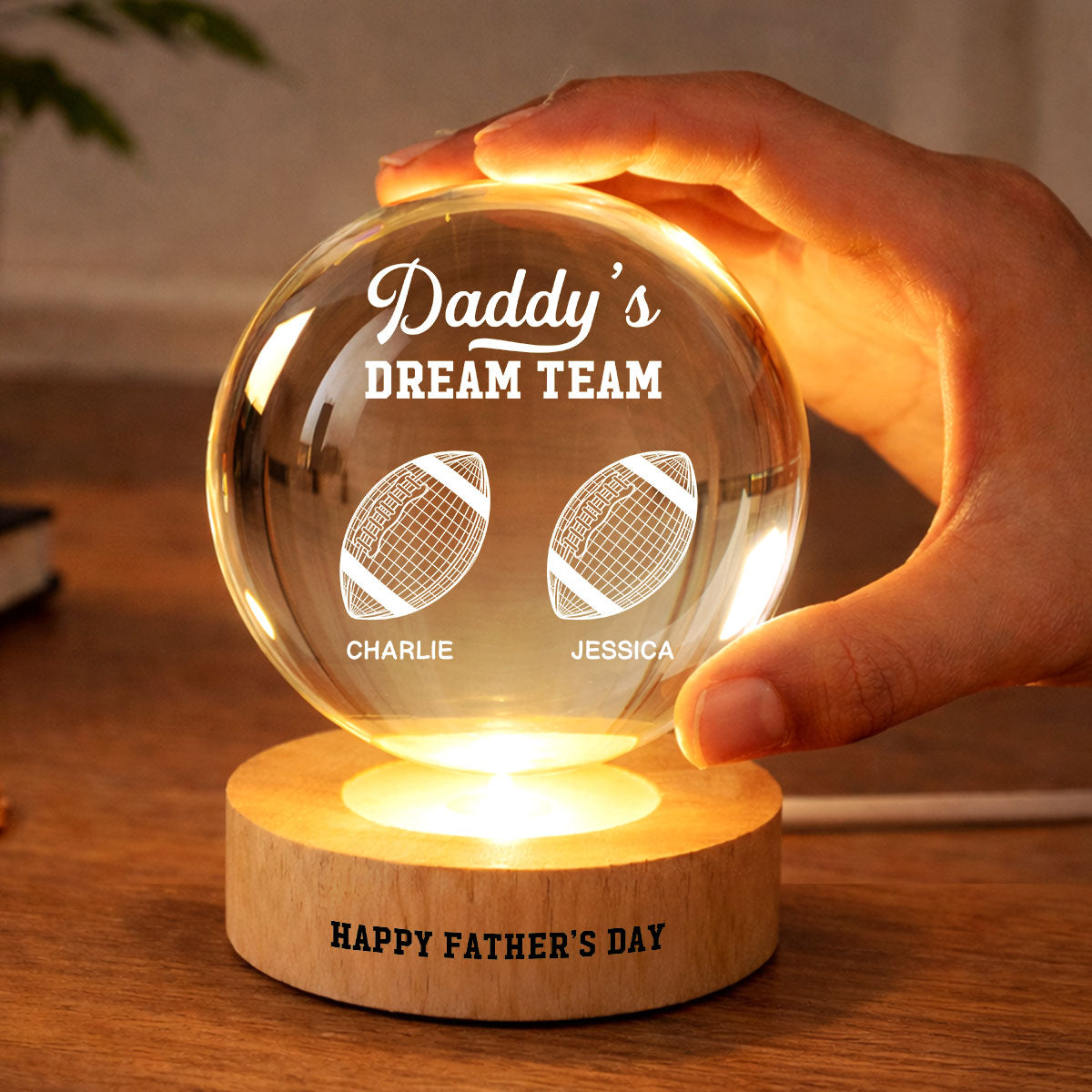 American Football Daddy's Dream Team Illusion Style - Personalized Crystal Ball LED Night Light -  Gift For Dad, Husband