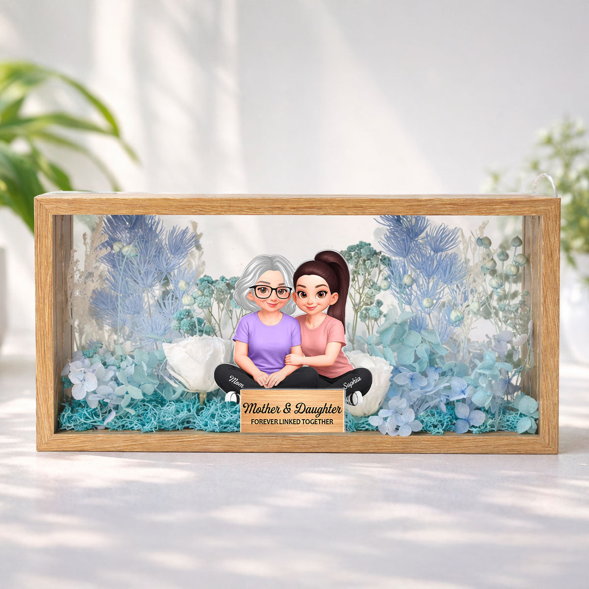Mom & Daughter Forever Linked Together - Personalized DIY Flower Shadow Box LED Night Light - Gift For Mom, Daughter