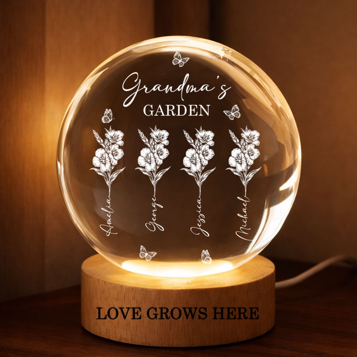 Grandma's Garden - Personalized Crystal Ball LED Night Light - Custom Birth Month Flowers, Heartfelt Gift for Grandma, Mom