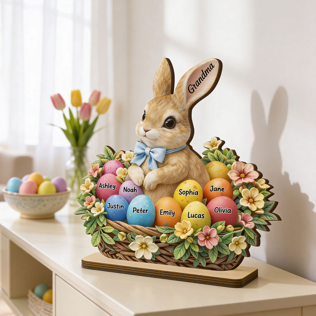Grandma Grandkids Easter Bunny Basket - Personalized 2-Layered Wooden Plaque - Gift For Grandma