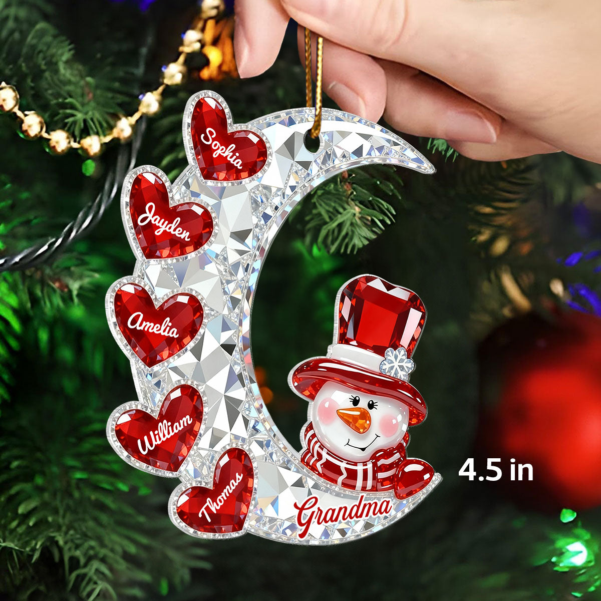 3D Effect Flat Snowman Grandma On Moon Grandkids Hearts Names - Personalized Acrylic Ornament - Gift For Grandma, Grandkids