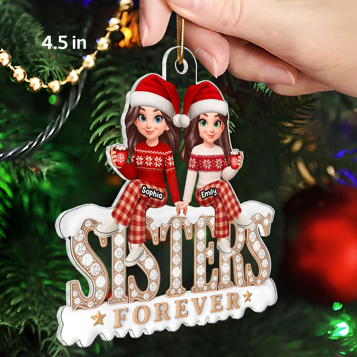 3D Shining Effect Sisters Forever - Personalized Acrylic Ornament - Heartwarming Christmas Gift For Sisters, Matching Ornament For Sisters