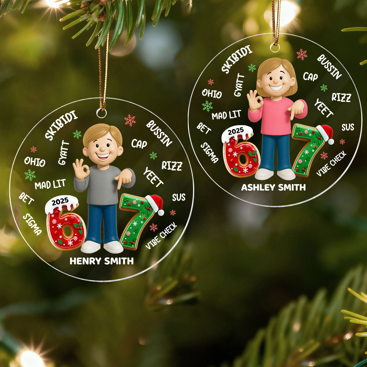 Teen Kid Custom Name Six Seven 3D Effect - Personalized Acrylic Ornament - 2025 Slang, Funny Teen Grandkid, Gen Alpha Christmas Gift