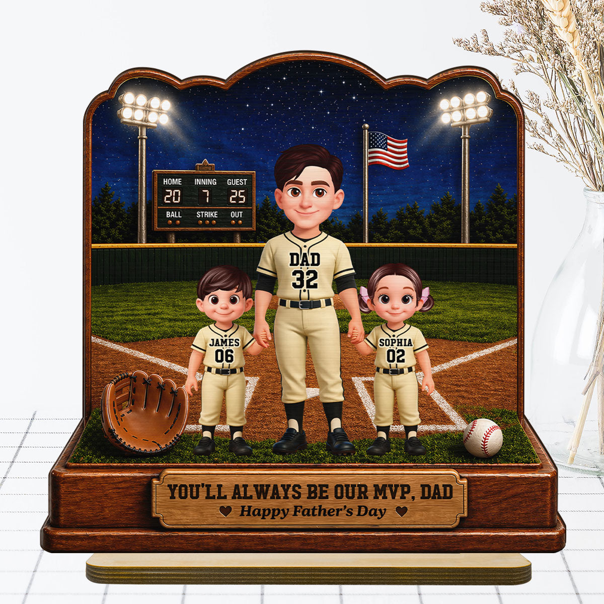 Baseball Dad And Kids Friday Night Lights We Caught The Best Dad - Personalized 2-Layered Wooden Plaque -  Gift For Dad