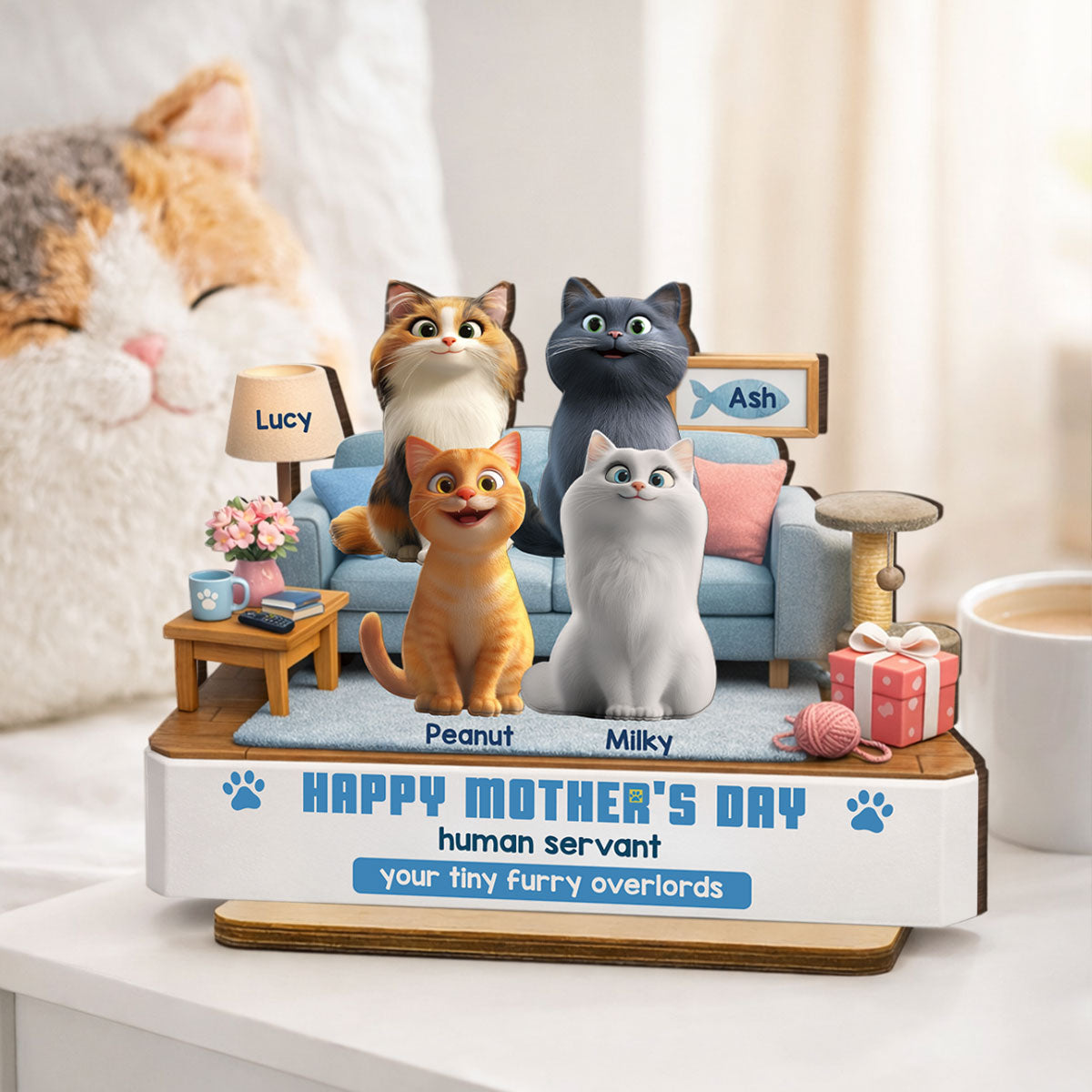 Happy Mother's Day Human Servant - Personalized 2-Layered Wooden Plaque - Funny Gift for Cat Moms