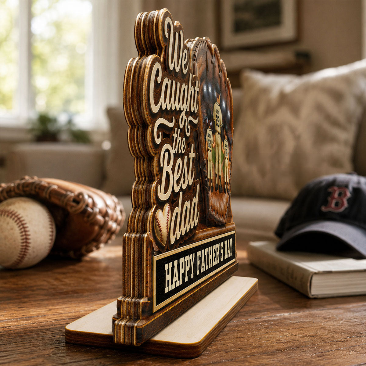 We Caught The Best Dad Dad & Kids In Glove - Personalized 2-Layered Wooden Plaque - Happy  For Baseball Dad