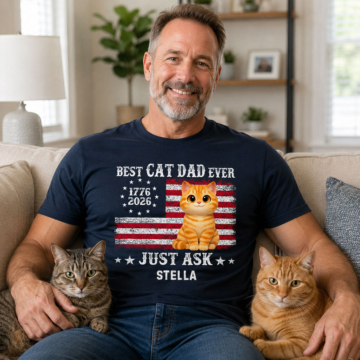Proud Best Cat Dad Ever Nation Flag 250th Anniversary - Personalized Shirt - Father's Day Gift For Cat Dad, Cat Lovers