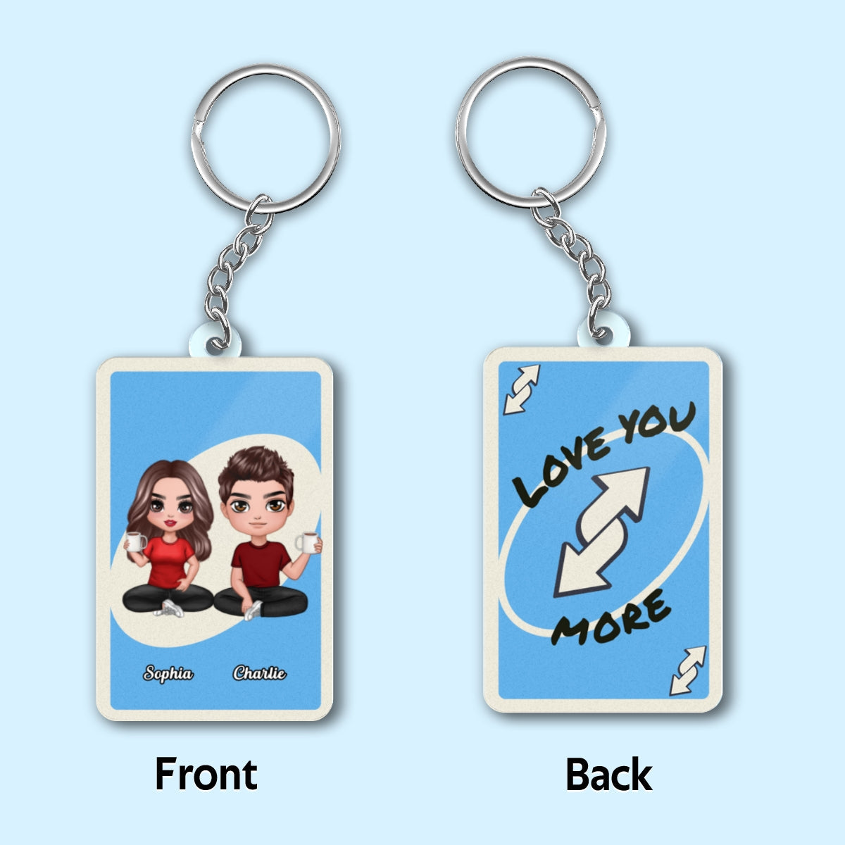Love You More Game Card Style Doll Cartoon Couple - Personalized Acrylic Keychain - Valentine's Day Gift, Anniversary Gift For Him, For Her