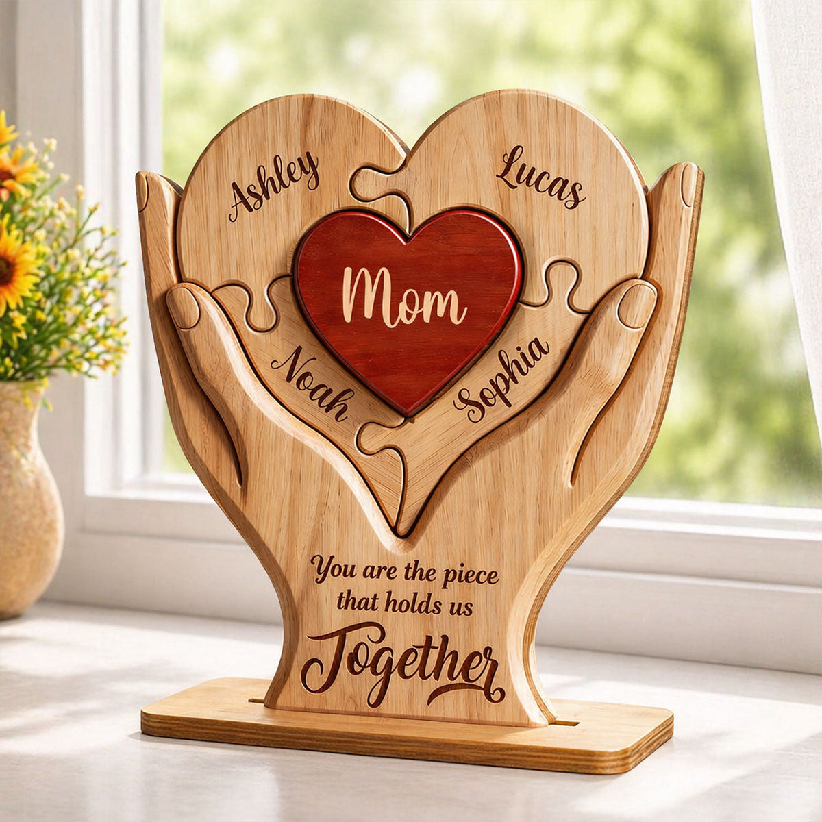 Mom The Piece That Holds Us Together - Personalized 2-Layered Wooden Plaque - Mother's Day Gift for Mom, Wife