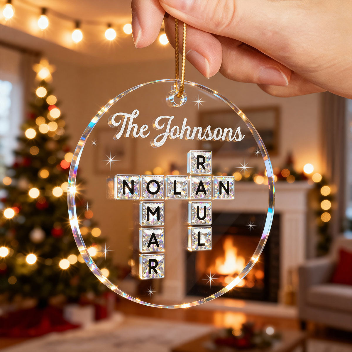 3D Shining Effect The Family Crossword Puzzle Art - Personalized Acrylic Ornament - Christmas Gift For Family, Matching Ornaments For Family