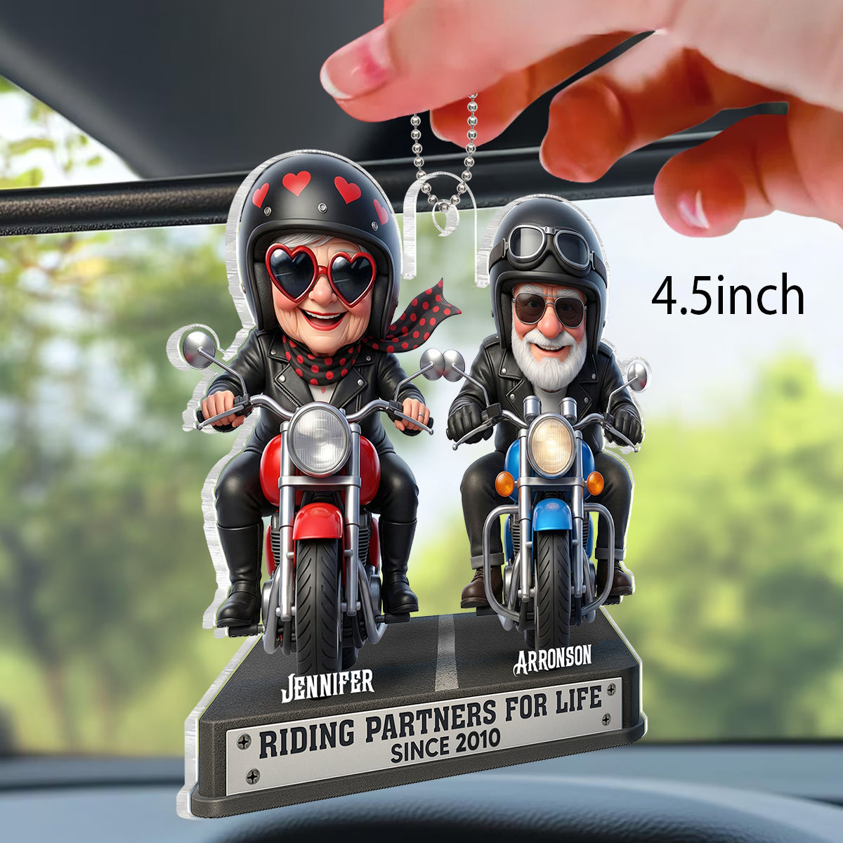 Old Biker Couple Riding Partners for Life - Personalized Acrylic Car Hanger - Sentimental Gift for her, for him