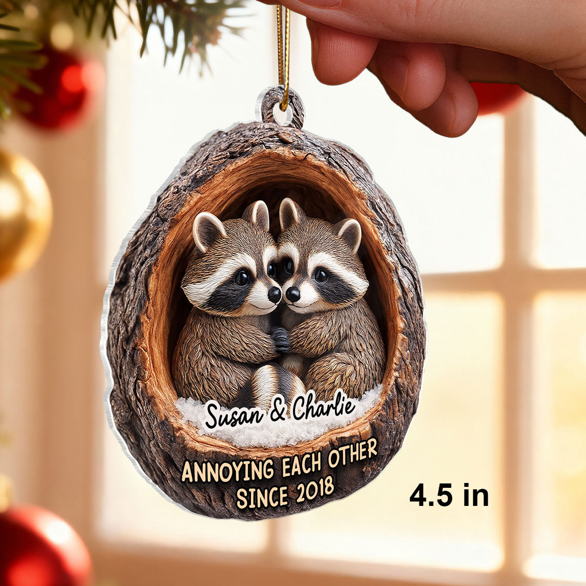 Funny Raccoon Couple Annoying Each Other 3D Wooden Effect - Personalized Acrylic Ornament - Christmas Gift for her, Gift for him