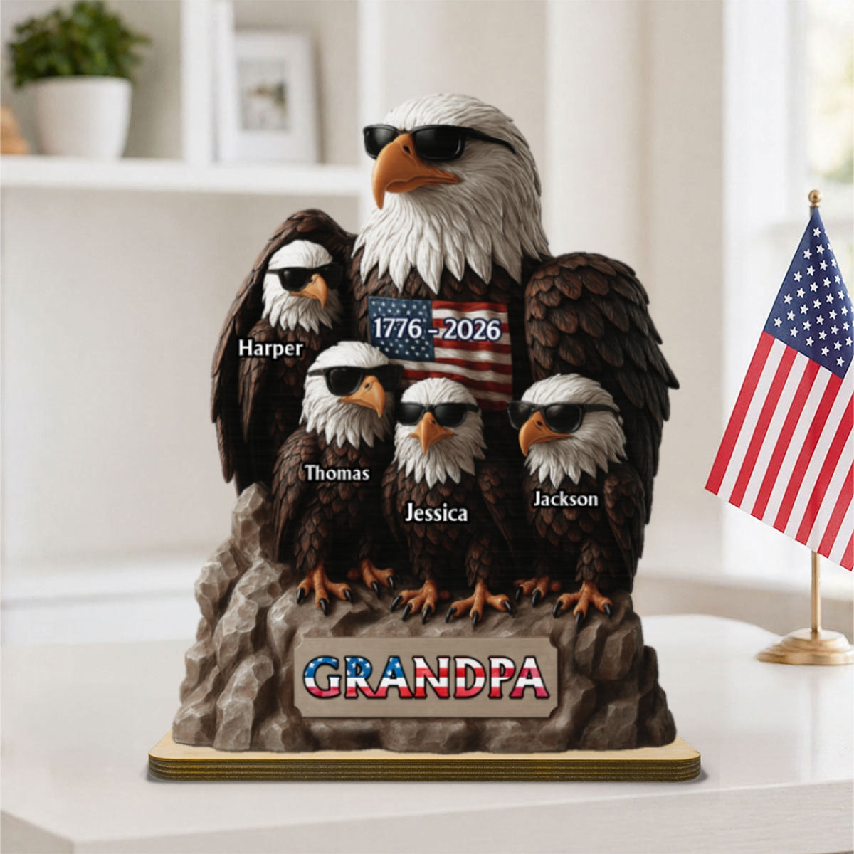 America 250th Anniversary Patriotic Eagle Grandpa Dad & Kids - Personalized 2-Layered Wooden Plaque -  Gift, 250th Anniversary Gift, Keepsake For Grandpa, Dad